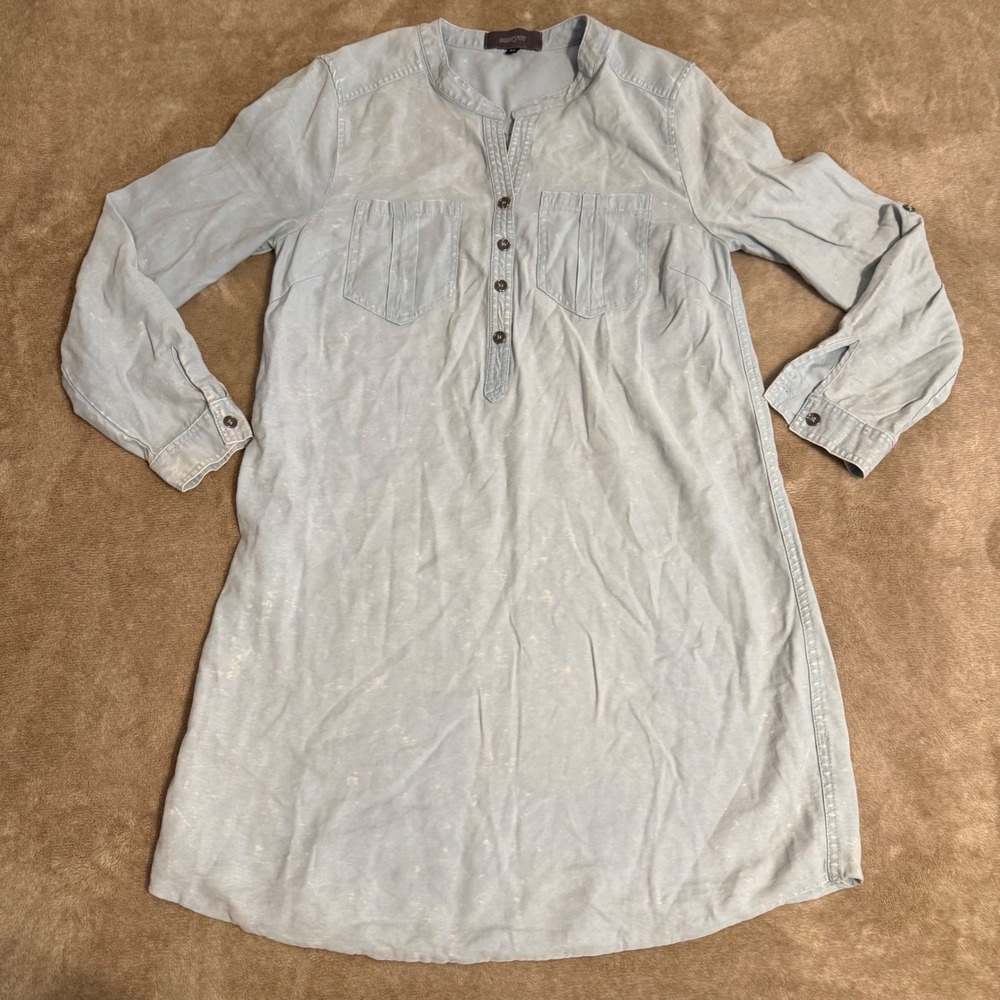Sawyer Light Blue Chambray Acid Wash Henley Shift Dress Roll Tab Sleeve Womens M